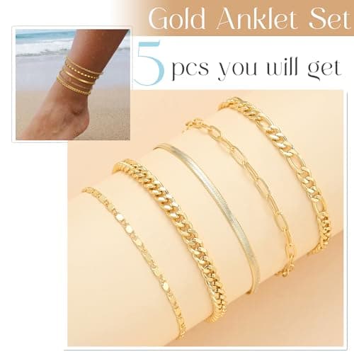 iF YOU Gold Ankle Bracelets for Women, 14k Gold Plated Waterproof Cuban Link Chain Anklets Set, Layered Anklet Bracelets for Women Beach Gift Adjustable Size 5pc — view 4