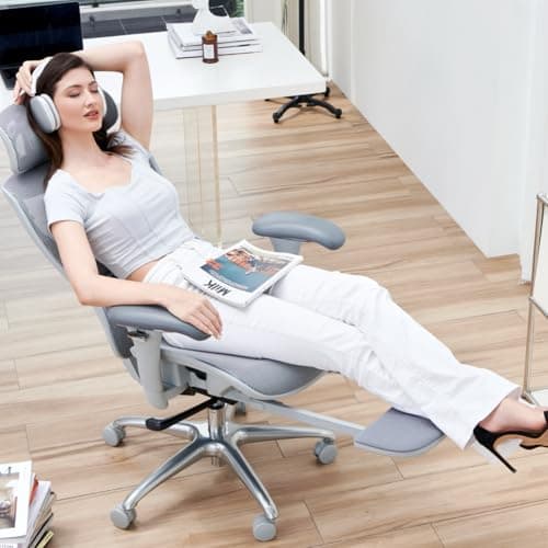 COLAMY Ergonomic Mesh Office Chair with Footrest, Executive High Back Computer Desk Chair with Wide Headrest and Adjustable 3D Arms, Backrest Height, Tilt Lock and Lumbar Support, Grey