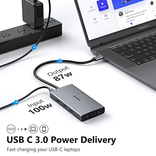 ABIWAZY USB C Hub Triple Monitor Adapters 8 in 1 USB C Docking Station with Dual HDMI Displayport VGA, USB C 100w PD,3 USB2.0 Multiport Dongle for Dell XPS 17/15/13,Lenovo Thinkpad,HP Envy,MacBook — view 4
