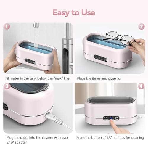 BYASKZIV Ultrasonic Cleaner, Upgraded 50KHz Ultrasonic Cleaner Machine with 304 Stainless Steel for Jewelry, Eyeglasses, Rings, Watch Strap, Dentures, Dual Cleaning Modes - Pink — view 4