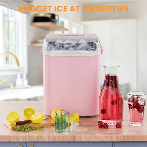 KMFurnila Ice Makers Countertop, Portable Ice Machine with Handle, 6 Mins 9 Bullet Ice Cubes with Basket and Scoop, 26lbs in 24Hrs, Auto-Cleaning, for Home, Kitchen, RV, Camping, Pink — view 5