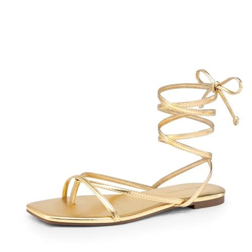 DREAM PAIRS Women's Strappy Flat Sandals - Comfortable Lace Up Gladiator Dressy Sandals, Square Toe Tie Up Walking Sandal, Summer Wrap Up Vocation Sandal Mermaid Shoes,Size 9,Gold,SDFS26010W