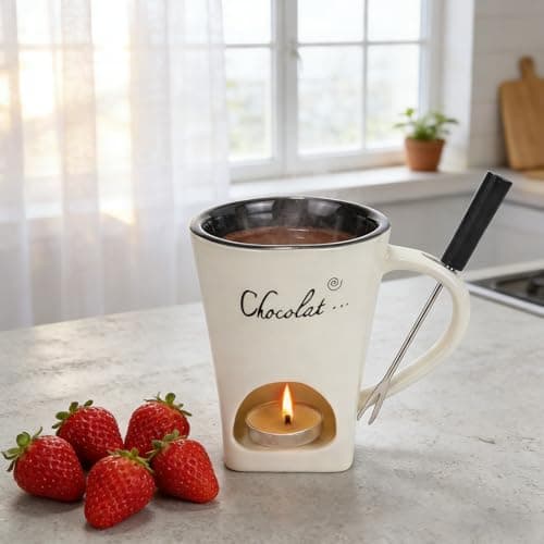 Chocolate Fondue Mug with Fork Sweet Ceramic Personal Chocolate Melting Cup Chocolate Fondue Mug Ideal Gifts for Birthday Date Night Birthday Wedding Gifts (white) — view 5