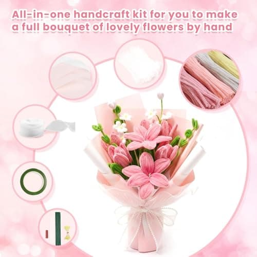 600 PCS Pipe Cleaners Craft, 6 Colors Pipe Cleaner Bulk Flower Kit, Chenille Stems Bulk with Floral Wires, Gardening Tape, Stamen, Wrapping Paper & Ribbon, DIY Art and Craft Supplies - Pink Gradient — view 4