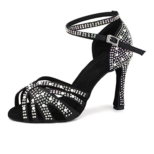 JUODVMP Women's Latin Salsa Dance Shoes Satin with Rhinestones Braided Ballroom Shoes Model L506, L506-black-4" Heel, 7
