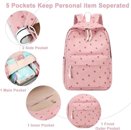 Bluboon Backpack for School Girls Backpack Cute Corduroy Bookbag Kids Backpack Laptop Backpack Gifts for Women, Corduroy Strawberry Pink, Classic — view 3