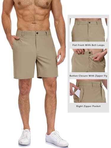 TUREFACE Men's 7 Inch Inseam Flat Front Quick Dry Shorts with 3 Pockets for Casual Active Days Light Khaki Large — view 2