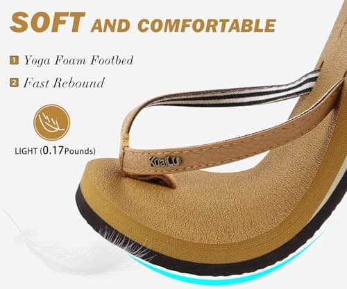 KuaiLu Womens Arch Support Flip Flops Comfortable Yoga Mat Slip on Leather Walking Thong Cushion Sandals Summer Beach Orthotic Slides Travel Essentials Indoor Outdoor Slippers Shoes Khaki Size 8 — view 3