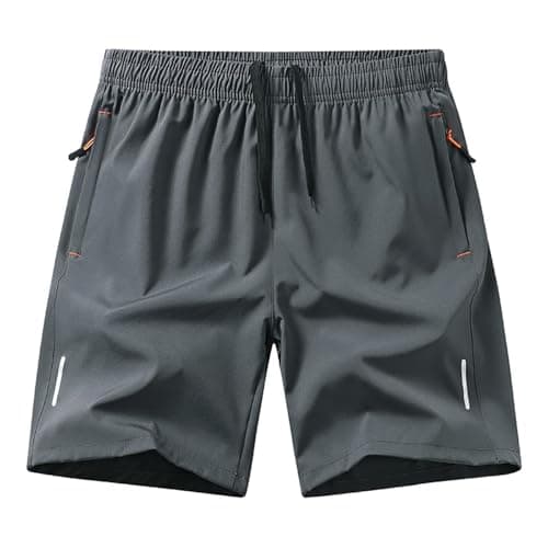 Gym Shorts for Men Quick Dry Athletic Workout Hiking Shorts Casual Elastic Waist Beach Short Pants with Zipper Pockets Gray L