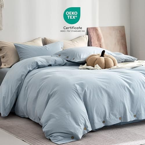 JELLYMONI 100% Washed Cotton Duvet Cover Queen – Soft, Breathable Linen-Look Bedding with Natural Wrinkle Texture, Button Closure, 3-Piece Set (Mist Blue, 90"x90")