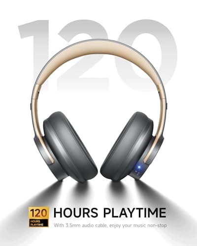 Picun B8 Bluetooth Headphones, 120H Playtime Headphones Wireless Bluetooth with 3 EQ Modes, Low Latency, Hands-Free Calls, Over Ear Headphones for Travel Home Office Cellphone PC (Ashen Golden) — view 2