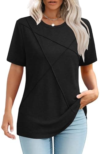 isermeo Womens Shirts Dressy Casual Short Sleeve 2026 Summer Tops Round Neck Pleated Ladies Tunic Blouses Black XXL