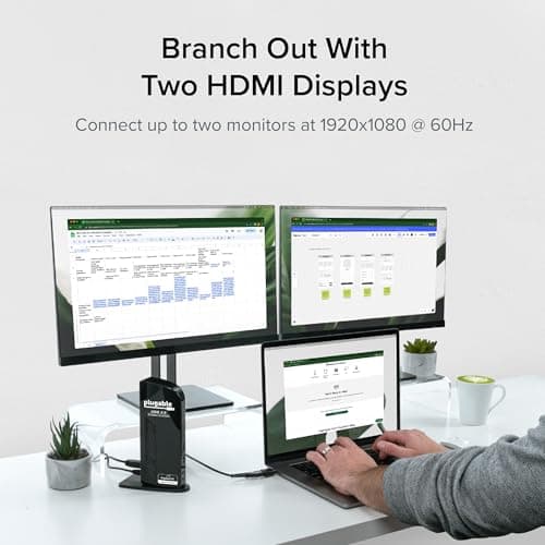 Plugable Universal Laptop Docking Station Dual HDMI Monitor for Windows and Mac (Driver Required), USB 3.0 or USB-C, 2X HDMI, Gigabit Ethernet, Audio, 6 USB Ports (UD-3900) — view 2