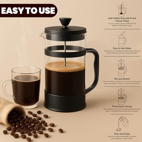 Utopia Kitchen Borosilicate Glass French Press Coffee Maker 21 Oz, Heat-Resistant Cafetiere & Tea Maker, Thickened Glass Coffee Press for Travel and Camping, Black — view 3