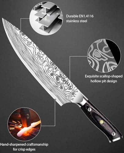 MOSFiATA 8" Super Sharp Professional Chef's Knife with Finger Guard and Knife Sharpener, German High Carbon Stainless Steel EN1.4116 with Micarta Handle and Gift Box — view 2