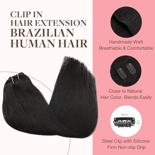 GOO GOO Clip in Hair Extensions Real Human Hair, Remy Human Hair Extensions Clip ins for Women, Natural Human Hair, 20inch 120g 7Pcs, 1B Natural black — view 2