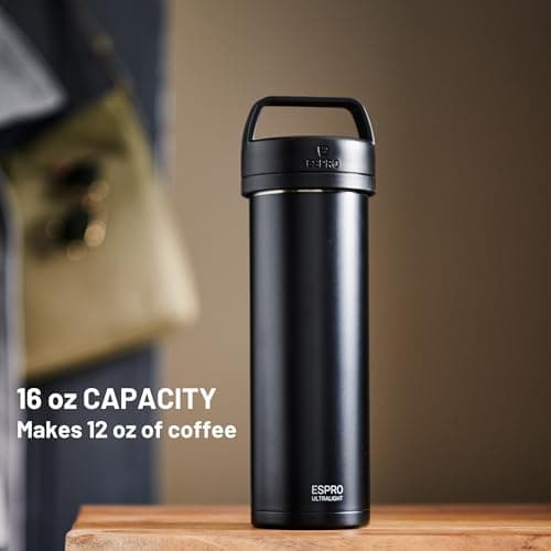 ESPRO Go P0 Ultralight French Press Coffee Maker for Travel, Vacuum Insulated Stainless Steel, 16 Ounces, Matte Meteorite Black — view 4