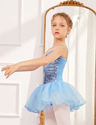 Zaclotre Girls Sequin Leotard Sparkly Strap Ballet Skirted Leotards Tutu Dress Ballerina Outfit Dance Costume Blue Size 8-9 Years — view 2