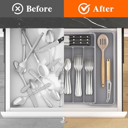 Lifewit Silverware Drawer Organizer, Expandable Utensil Tray for Kitchen, BPA Free Flatware and Cutlery Holder, Adjustable Plastic Storage for Spoons Forks Knives, 10.9"-17.5" x 13.7", Gray — view 4