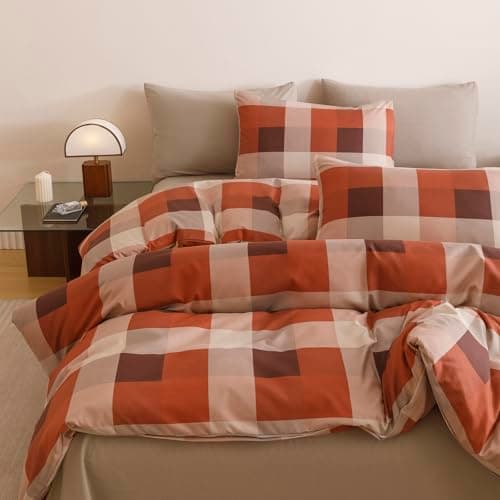 Wellboo Red Plaid Comforter Sets King Size Taupe and Orange Grid Bedding — view 3
