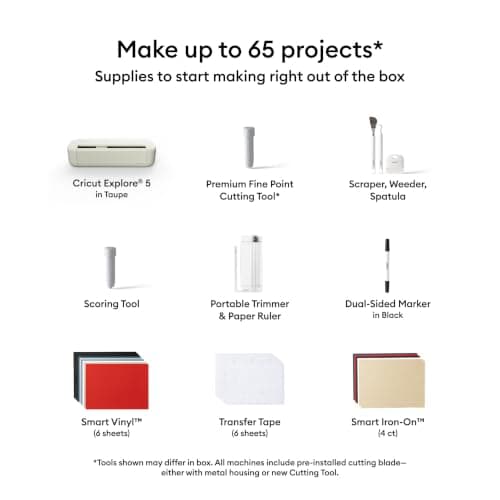 Cricut Explore® 5 Essential Bundle + Digital Content, Taupe - Precise Cutting Machine - Works with 100+ Materials - Sleek, Simplified Design - Includes Supplies for 65 Projects + Bonus Digital Content