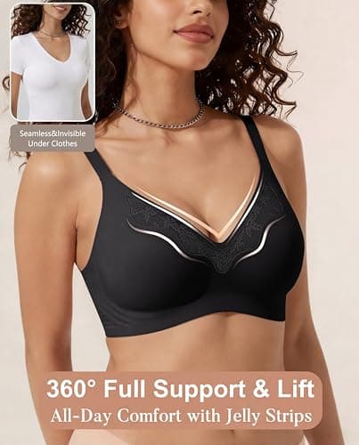 Showyoo Women Jelly Bras No Underwire Seamless Bralettes Comfort Wireless Bra V Neck Full Coverage T Shirt Brassiere Black L — view 2