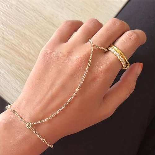 3PCS 14K Gold-Plated Hand Chain Bracelets for Women, Stack Bracelets Set Adjustable, Dainty Ring Bracelet Hand Chain — view 3
