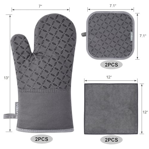 KEGOUU Oven Mitts and Pot Holders 6pcs Set, Kitchen Oven Glove High Heat Resistant 500 Degree Extra Long Oven Mitts and Potholder with Non-Slip Silicone Surface for Cooking