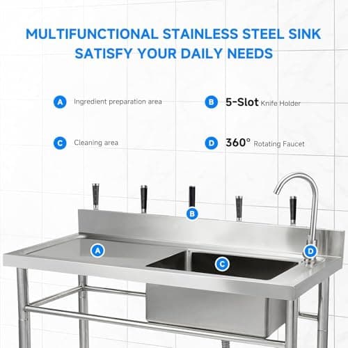 47.2" x 33.5" x 19.7" Stainless Steel Utility Sink, Freestanding Single Bowl with Hot & Cold Water Faucet & Undershelf, Commercial Kitchen Laundry Bathroom Garage Garden Sink — view 3