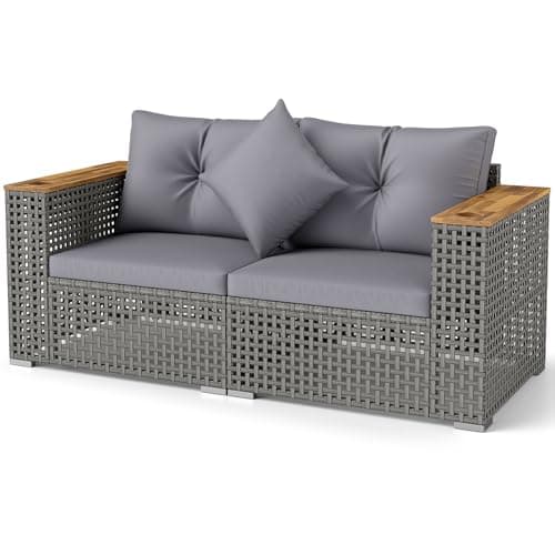 Tangkula 62.5" Large Patio Wicker Loveseat with Acacia Wood Armrests & Cup Holders, Outdoor 2-Piece Rattan Corner Sofa with Cushions, Sectional Conversation Set for Garden Backyard Porch Balcony, Grey — view 8