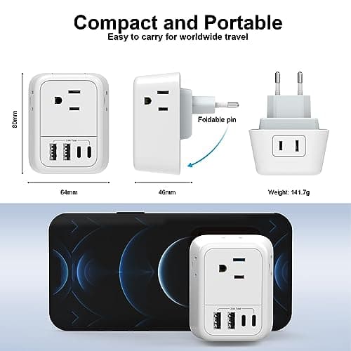 VYLEE Travel Plug Adapter, International Plug Adapter with 4 AC Outlets 4 USB Ports(2 USB C), Travel Adapter Type C Travel Essentials for US to Most Europe France Germany Italy Spain [1 Pack] — view 4