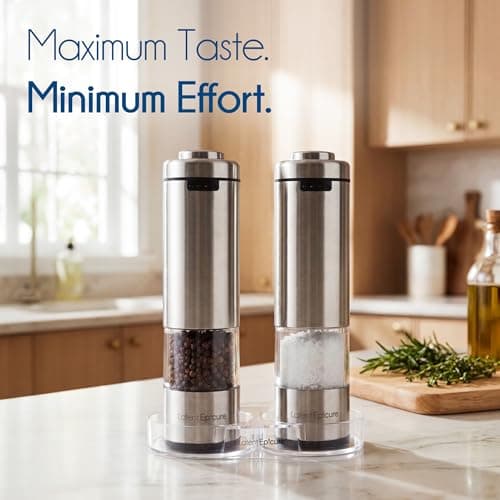 Latent Epicure Electric Salt and Pepper Grinder Set, USB-C Rechargeable Stainless Steel Mills with LED Light, Adjustable Ceramic Grinders with Acrylic Mill Rest Tray