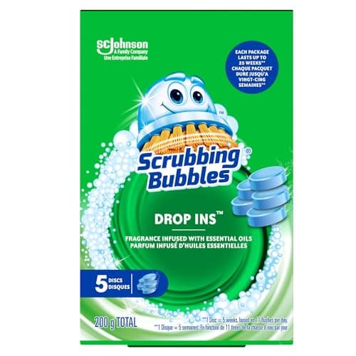 Scrubbing Bubbles Toilet Bowl Cleaner Pods Drop-Ins, Continuous Toilet Bowl Cleaning Tablets, Protects Against Stains & Limescale, Fragrance Infused with Essential Oils, 5 Discs