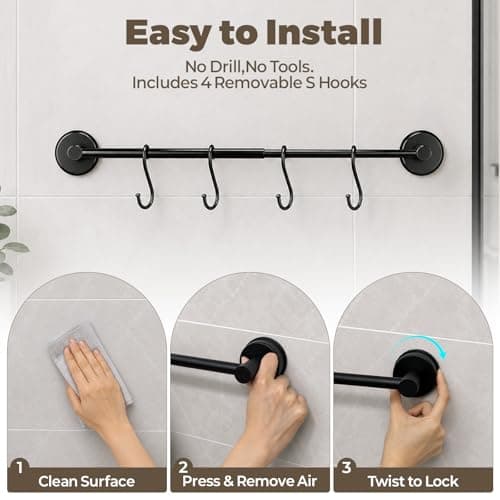 Adjustable Suction Cup Towel Bar – Towel Racks for Bathroom, 13.6-25 Inch, Stainless Steel Bathroom Towel Holder with 4 S Hooks, No Drill for Kitchen, Shower & Smooth Surfaces – Black — view 3
