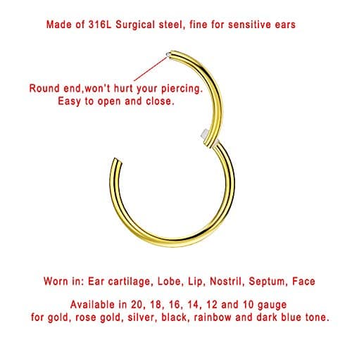 18k Gold Plated Septum Hoop Conch Rings for Women & Men 16 Gauge 12mm