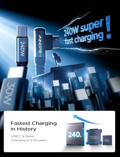AINOPE 240W High Speed USB C Cable [6.6ft] USBC to USBC Cable, Right Angle C to C Cable Fast Charging Compatible with iPhone 16 Charger Cord, iPad Pro,MacBook Air 2024 M4,Samsung Galaxy S24, Grey