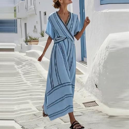 Women's Summer Boho Striped Print Midi Dress Short Sleeve Deep V Neck Criss Cross Empire Waist Flowy Beach Dress Blue-L — view 4