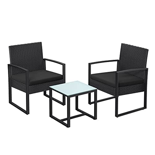 SONGMICS 3-Piece Patio Set Outdoor Patio Garden Furniture Sets, PE Rattan, Outdoor Seating for Bistro Front Porch Balcony, Easy to Assemble, 2 Chairs and 1 Table, Black UGGF010BZ05