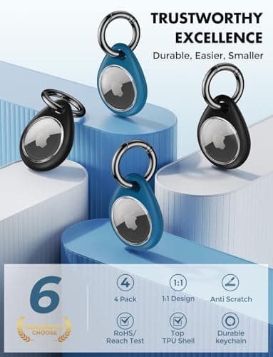 UNBREAKcable Holder for Apple AirTag - 4 Pack [Fit Tightly Design] [Easy to Install] [Hold Air Tag Securely] Waterproof TPU Shell Protective Case with All Metal Keychain Key Ring Clip — view 2