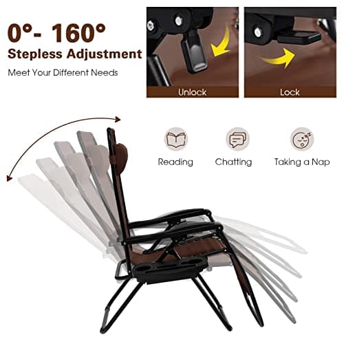 Goplus Zero Gravity Lounge Chairs, 160°Adjustable Folding Recliner w/Pillow and Cup Holder, 350LBS Comfy Outdoor Lounge Chairs for Patio, Lawn, Yard & Camp(1, Brown) — view 3