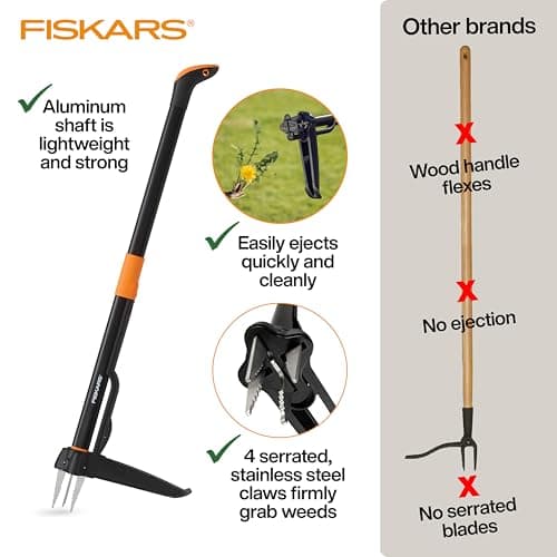 Fiskars Stand-Up Weed Puller Tool, 4 Serrated Stainless Steel Claws Grip Roots for Permanent Removal, Reinforced Foot Platform Penetrates Tough Soil, Easy-Eject & Ergonomic Offset Handle, 39" — view 2