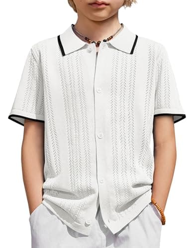 Arshiner Boys Button Down Shirt Short Sleeve Knit Shirt Summer Vintage Fashion Casual Beach Shirts for Kids 3-14 Years White