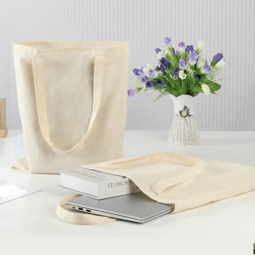 Carbrea 12 Pack Canvas Tote Bag - Lightweight Thin Tote Bags Bulk Blank Shopping Reusable Grocery Bags for DIY Gift Sublimation Activity - Beige — view 2