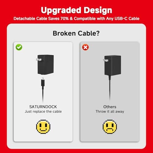 2-Pack Charger for Nintendo Switch, 45W AC Adapter Fast Charging with 2-Pack 10ft Detachable USB C Cable, Compatible with Switch/OLED/Lite, Steam Deck, Support TV Mode, Original Quality