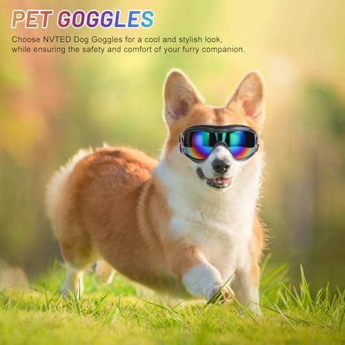 NVTED Dog Sunglasses Dog Goggles, UV Wind Dust Fog Protection Pet Glasses Eye Wear with Adjustable Strap for Medium or Large Size (Laser) — view 3