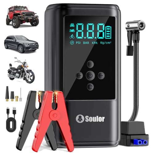 6000A Booster Pack Jump Starter with Air Compressor, Car Booster Battery Pack,10-in-1 Battery Power Pack 12V Jump Box with 160PSI Tire Inflator LED Light and Jumper Cables (10L Diesel All Cars)