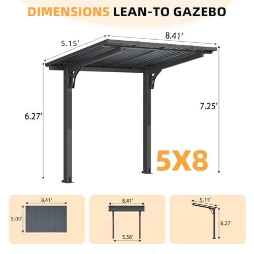 U-MAX 8' x 5' Outdoor Lean to Grill Gazebo Hardtop Pergola for Patio, 5x8 Freestanding Carport Pergolas and Gazebos Clearance, Small Heavy Duty Galvanized Steel Roof Awnings for Decks, Backyard — view 5
