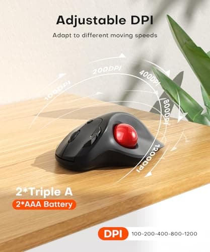 Ergonomic Wireless Trackball Mouse, 3 Device Connection (Bluetooth or 2.4G USB Receiver) Bluetooth Quiet Computer Mouse, 2*AAA Battery Thumb Laptop Mice with 5 Level DPI for PC/Laptop/Mac/Windows Red — view 3