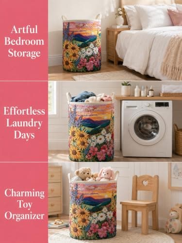 Quilted Laundry Basket with Handles, Boho Floral Quilted Storage Hamper, Large Soft Fabric Laundry Basket for Nursery, Bedroom, Laundry Room,Clothes & Toys (Pattern 02, Large (28"H x 20"W x 20"L)) — view 2
