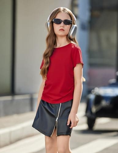 Arshiner Short Sleeve Shirts Girls Red Side Ruched Tops for Teen Girls Round Neck Kids Casual Soft Blouses 11-12 Years — view 4